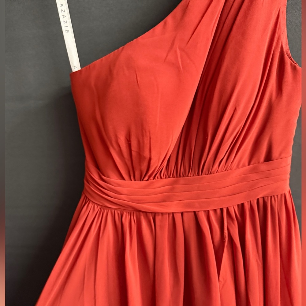 One-Shoulder Ruffled High-Low Chiffon Maxi Dress with Pockets - Rust/Terracotta - Picture 8 of 12